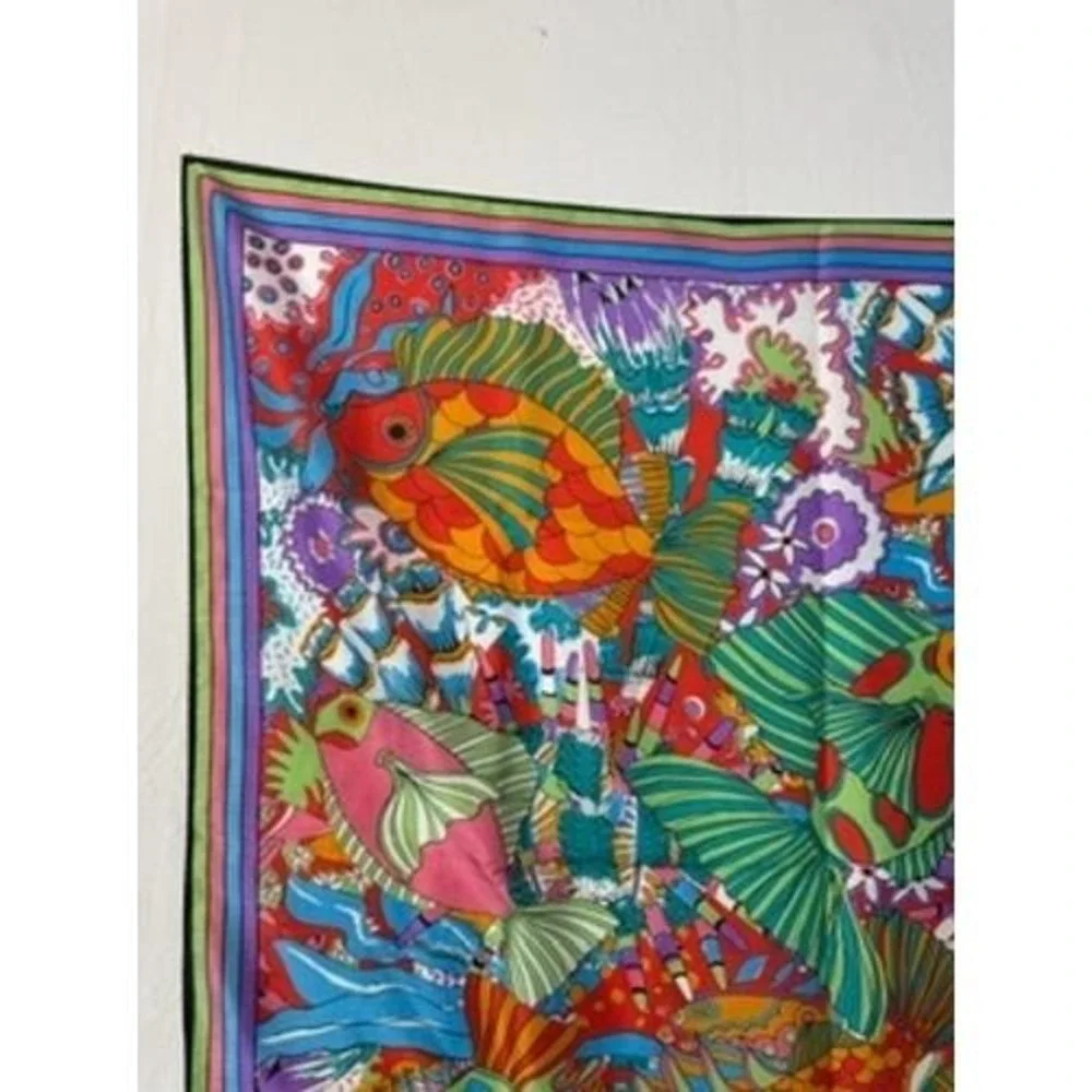 Vintage Colorful Fish Print Scarf Bright vtg Tropical Ocean Foulard Wild Rag 70s